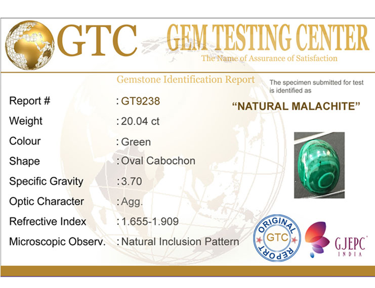20.04 ct Natural Certified Malachite stone